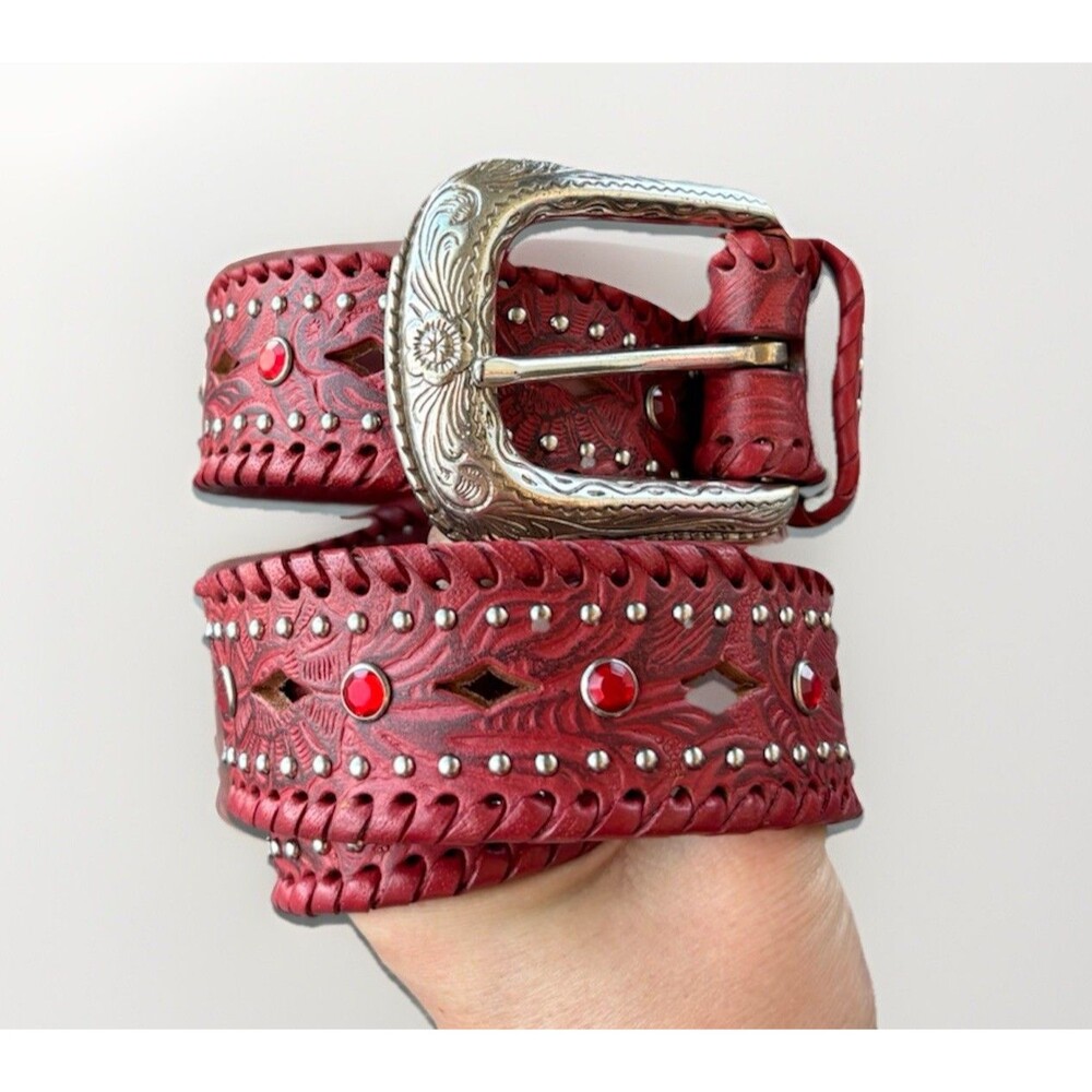 Elegant western style red Leather Belt with Ornate Silver Buckle